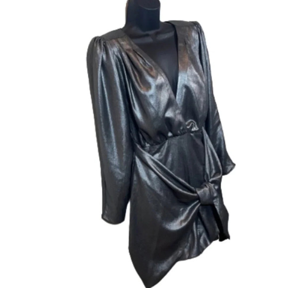 L'Academie The Dore Silver Front Tie Long Sleeve Mini Dress size small - Picture 4 of 16